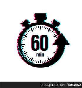 The 60 minutes, stopwatch vector glitch icon. Stopwatch icon in flat style, timer on on color background. Vector illustration. The 60 minutes, stopwatch vector glitch icon. Stopwatch icon in flat style, timer on on color background. Vector illustration.