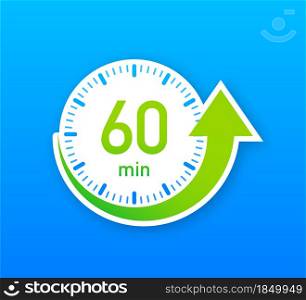 The 60 minutes, stopwatch vector icon. Stopwatch icon in flat style, timer on on color background. Vector illustration. The 60 minutes, stopwatch vector icon. Stopwatch icon in flat style, timer on on color background. Vector illustration.