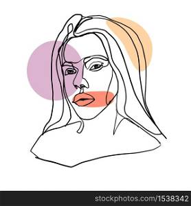 The abstract face of a beautiful girl is drawn by a continuous line. Portrait of a woman on a white background and geometric elements.. The abstract face of a beautiful girl is drawn by a continuous line.