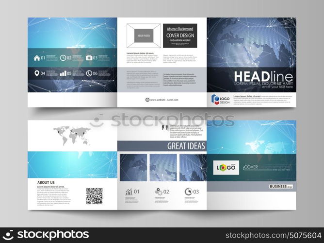 The abstract minimalistic vector illustration of the editable layout. Two creative covers design templates for square brochure. Abstract global design. Chemistry pattern, molecule structure.. The abstract minimalistic vector illustration of the editable layout. Two creative covers design templates for square brochure. Abstract global design. Chemistry pattern, molecule structure