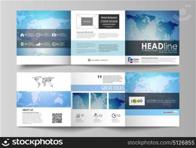 The abstract minimalistic vector illustration of the editable layout. Two creative covers design templates for square brochure. World map on blue, geometric technology design, polygonal texture.. The abstract minimalistic vector illustration of the editable layout. Two creative covers design templates for square brochure. World map on blue, geometric technology design, polygonal texture