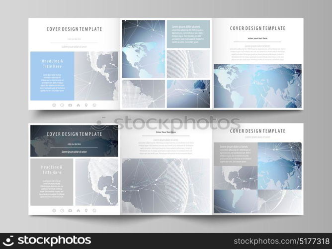 The abstract minimalistic vector illustration of the editable layout. Two creative covers design templates for square brochure. Technology concept. Molecule structure, connecting background.. The abstract minimalistic vector illustration of the editable layout. Two creative covers design templates for square brochure. Technology concept. Molecule structure, connecting background