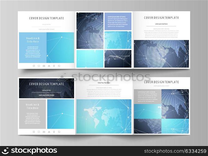The abstract minimalistic vector illustration of the editable layout. Two creative covers design templates for square brochure. Abstract global design. Chemistry pattern, molecule structure.. The abstract minimalistic vector illustration of the editable layout. Two creative covers design templates for square brochure. Abstract global design. Chemistry pattern, molecule structure