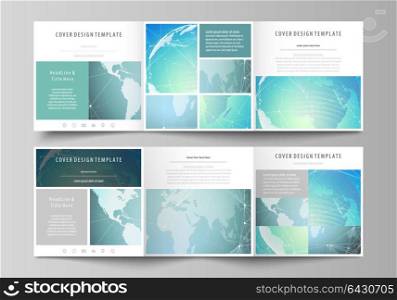 The abstract minimalistic vector illustration of the editable layout. Two creative covers design templates for square brochure. Chemistry pattern, molecule structure, geometric design background.. The abstract minimalistic vector illustration of the editable layout. Two creative covers design templates for square brochure. Chemistry pattern, molecule structure, geometric design background