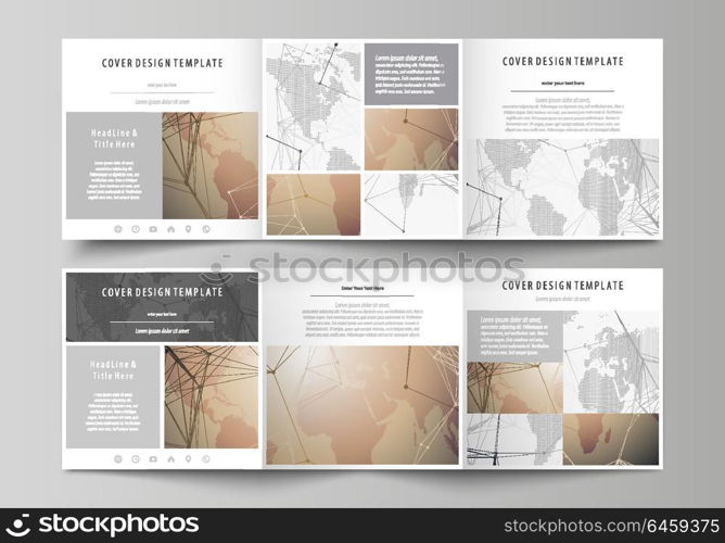 The abstract minimalistic vector illustration of the editable layout. Two creative covers design templates for square brochure. Global network connections, technology background with world map.. The abstract minimalistic vector illustration of the editable layout. Two creative covers design templates for square brochure. Global network connections, technology background with world map