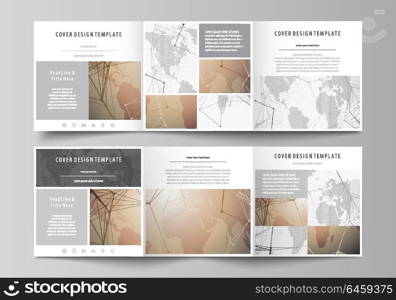 The abstract minimalistic vector illustration of the editable layout. Two creative covers design templates for square brochure. Global network connections, technology background with world map.. The abstract minimalistic vector illustration of the editable layout. Two creative covers design templates for square brochure. Global network connections, technology background with world map