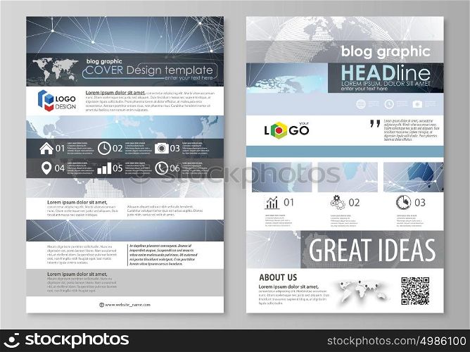 The abstract minimalistic vector illustration of the editable layout of two modern blog graphic pages mockup design templates. Technology concept. Molecule structure, connecting background.. The abstract minimalistic vector illustration of the editable layout of two modern blog graphic pages mockup design templates. Technology concept. Molecule structure, connecting background