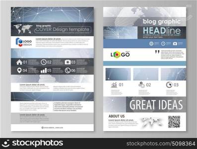 The abstract minimalistic vector illustration of the editable layout of two modern blog graphic pages mockup design templates. Abstract futuristic network shapes. High tech background.. The abstract minimalistic vector illustration of the editable layout of two modern blog graphic pages mockup design templates. Abstract futuristic network shapes. High tech background