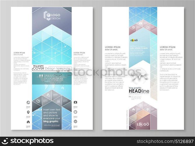 The abstract minimalistic vector illustration of the editable layout of two modern blog graphic pages mockup design templates. Molecule structure. Science, technology concept. Polygonal design.. The abstract minimalistic vector illustration of the editable layout of two modern blog graphic pages mockup design templates. Molecule structure. Science, technology concept. Polygonal design