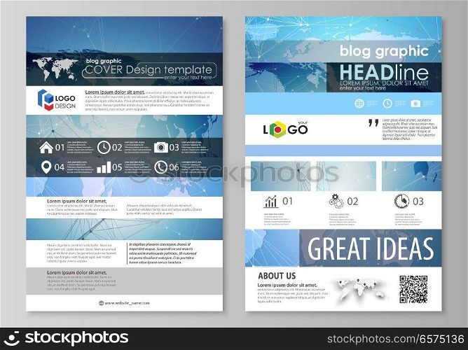 The abstract minimalistic vector illustration of the editable layout of two modern blog graphic pages mockup design templates. World map on blue, geometric technology design, polygonal texture. The abstract minimalistic vector illustration of the editable layout of two modern blog graphic pages mockup design templates. World map on blue, geometric technology design, polygonal texture.