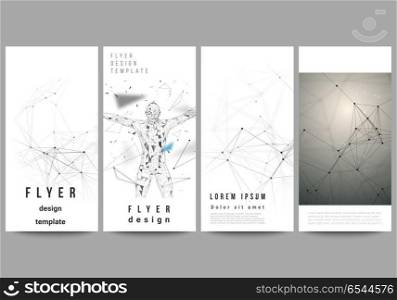 The abstract vector layout of four modern vertical banners, flyers design business templates. Technology, science, medical concept. Molecule structure, connecting lines and dots. Futuristic background. The abstract vector layout of four modern vertical banners, flyers design business templates. Technology, science, medical concept. Molecule structure, connecting lines and dots. Futuristic background.