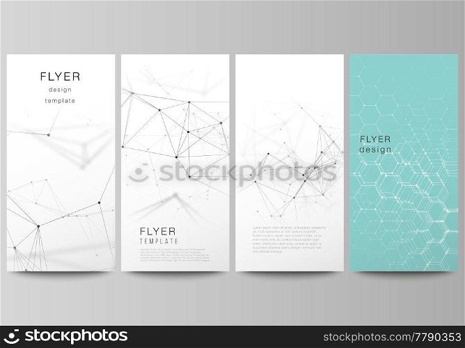 The abstract vector layout of four modern vertical banners, flyers design business templates. Technology, science, medical concept. Molecule structure, connecting lines and dots. Futuristic background.. The abstract vector layout of four modern vertical banners, flyers design business templates. Technology, science, medical concept. Molecule structure, connecting lines and dots. Futuristic background