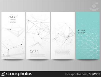 The abstract vector layout of four modern vertical banners, flyers design business templates. Technology, science, medical concept. Molecule structure, connecting lines and dots. Futuristic background.. The abstract vector layout of four modern vertical banners, flyers design business templates. Technology, science, medical concept. Molecule structure, connecting lines and dots. Futuristic background