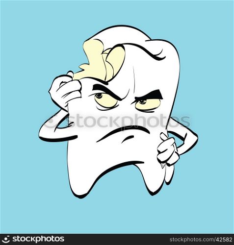 The aching tooth with caries, a comic book character. Dental hygiene. Medicine and dentistry