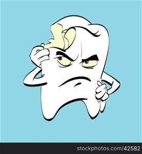 The aching tooth with caries, a comic book character. Dental hygiene. Medicine and dentistry