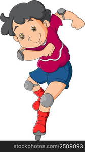 The active boy is playing a roller skate with a safety equipment