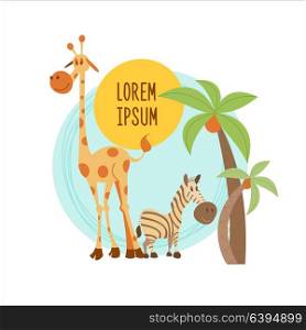 The African animals. Giraffe and Zebra standing under a palm tree. Vector illustration. Isolated on a white background.