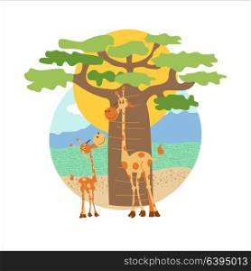 The African animals. Two giraffe, big and small stand near the baobab. Vector illustration. Isolated on a white background.