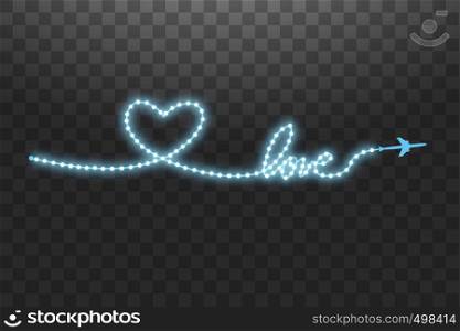 The aircraft and its track in the form of a strip of shiny LED strip in the shape of a heart on a transparent background. Vector illustration. The flight path of the aircraft and its route.. The aircraft and its track in the form of a strip of shiny LED strip in the shape of a heart on a transparent background. Vector illustration. The flight path of the aircraft and its route