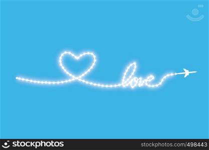 The aircraft and its track in the form of a strip of shiny LED strip in the shape of a heart on a blue background. Vector illustration. The flight path of the aircraft and its route.. The aircraft and its track in the form of a strip of shiny LED strip in the shape of a heart on a blue background. Vector illustration. The flight path of the aircraft and its route