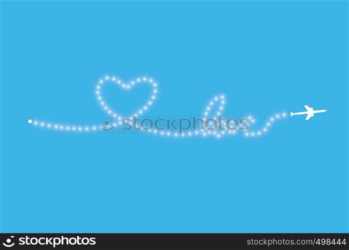 The aircraft and its track in the form of a strip of shiny LED strip in the shape of a heart on a blue background. Vector illustration. The flight path of the aircraft and its route.. The aircraft and its track in the form of a strip of shiny LED strip in the shape of a heart on a blue background. Vector illustration. The flight path of the aircraft and its route