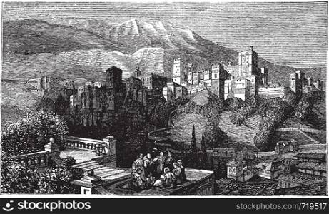 The Alhambra, in Granada, Spain. Old engraving around 1890, showing a group of people in front of the Alhambra fortress, also called the Red Palace.