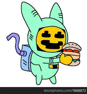 The aliens are carrying burger food. cartoon illustration sticker mascot emoticon