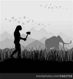 The ancient person on hunting for a mammoth. A vector illustration