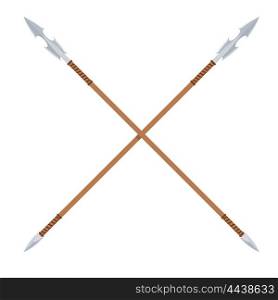 The ancient spear with a metal blade and a wooden handle on a white background. Flat &#xA;style. The subject of hunting or war. Weapons of ancient man. Stock vector illustration