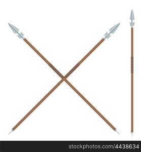 The ancient spear with a metal blade and a wooden handle on a white background. The &#xA;subject of hunting or war. Weapons of ancient man. Stock vector illustration
