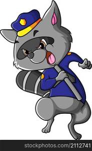 The angry police raccoon is shouting the people