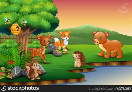 The animals cartoon are enjoying nature by the river