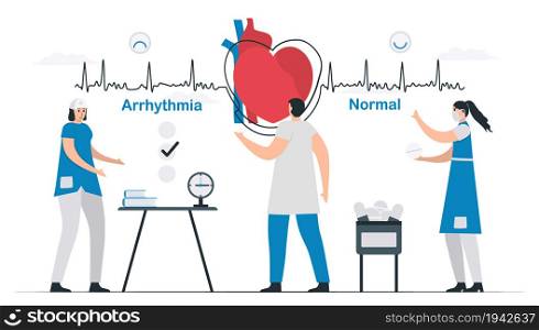 The arrhythmia signal is diagnosed and treated to become a normal signal. Cardiology vector illustration. Flat deign isolated on white background.