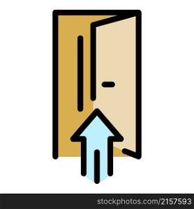 The arrow points to the door icon. Outline the arrow points to the door vector icon color flat isolated. The arrow points to the door icon color outline vector