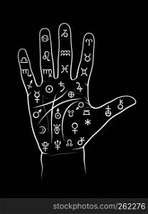 The Art of Black Magic: Chiromancy & Palmistry. Mystical chart with Ancient hieroglyphs, Medieval runes, Astrological signs and Alchemical symbols (lines, paths, ways, mounts and valleys of the palm).