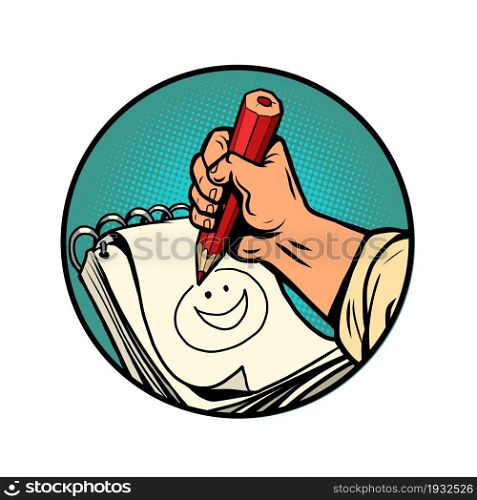 The artist draws a smiley face with a pencil. Sketching in notepad. comic cartoon illustration vintage hand drawing. The artist draws a smiley face with a pencil. Sketching in notepad