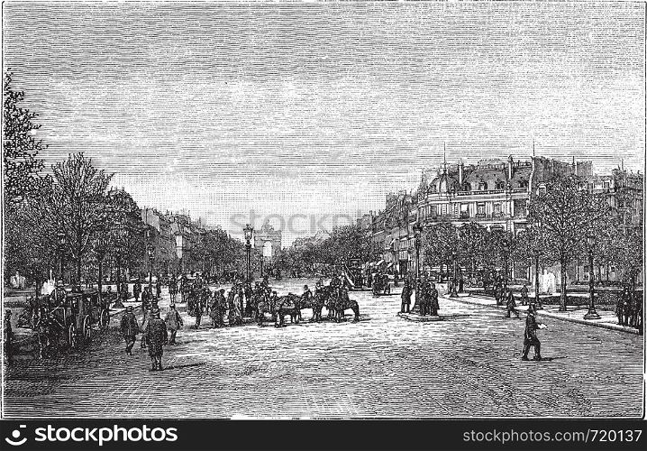 The Avenue des Champs-Elysees in Paris, France, during the 1890s, vintage engraving. Old engraved illustration of Avenue des Champs-Elysees with carts and people on the street.