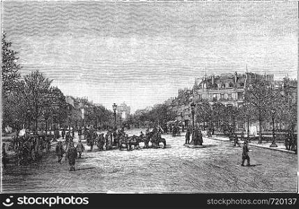 The Avenue des Champs-Elysees in Paris, France, during the 1890s, vintage engraving. Old engraved illustration of Avenue des Champs-Elysees with carts and people on the street.
