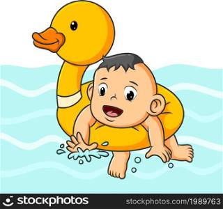 The baby boy is swimming with the duck tire in the pool