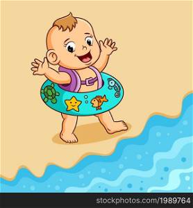The baby is walking in the beach with the cute tire of illustration