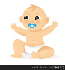The baby newborn is sitting and sucking a pacifier. Cartoon baby is wearing a diaper. Happy infancy concept vector.. The baby is sitting and sucking a pacifier. Cartoon baby is wearing a diaper. Happy infancy concept vector.