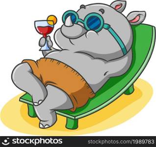 The baby rhino is sunbathing on the beach of illustration
