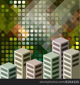 The background consists of isometric vector houses