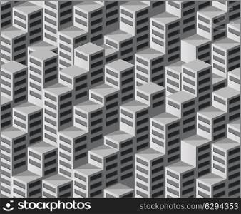 The background consists of isometric vector houses