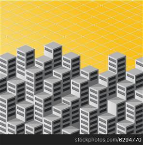 The background consists of isometric vector houses