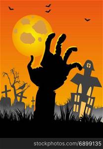 the background of Halloween cemetery with hand, bats, tombs, moon