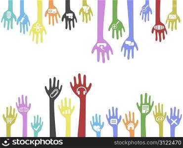 the background of hands with web icons with copy space in the middle