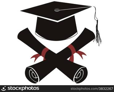 the background of isolated black graduation cap and diploma