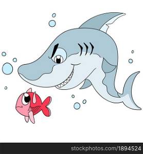 the bad shark is eyeing the small fish. cartoon illustration cute little sticker