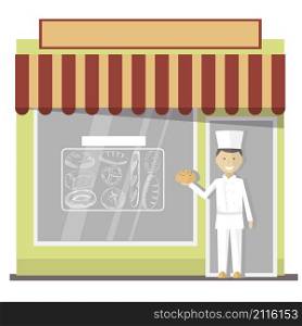 The baker stands at the bakery building. Vector illustration.. The baker stands at the bakery building.